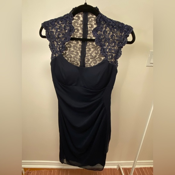 Le Chateau Navy Evening Dress with Lace/Nude Mesh Back - Picture 4 of 6